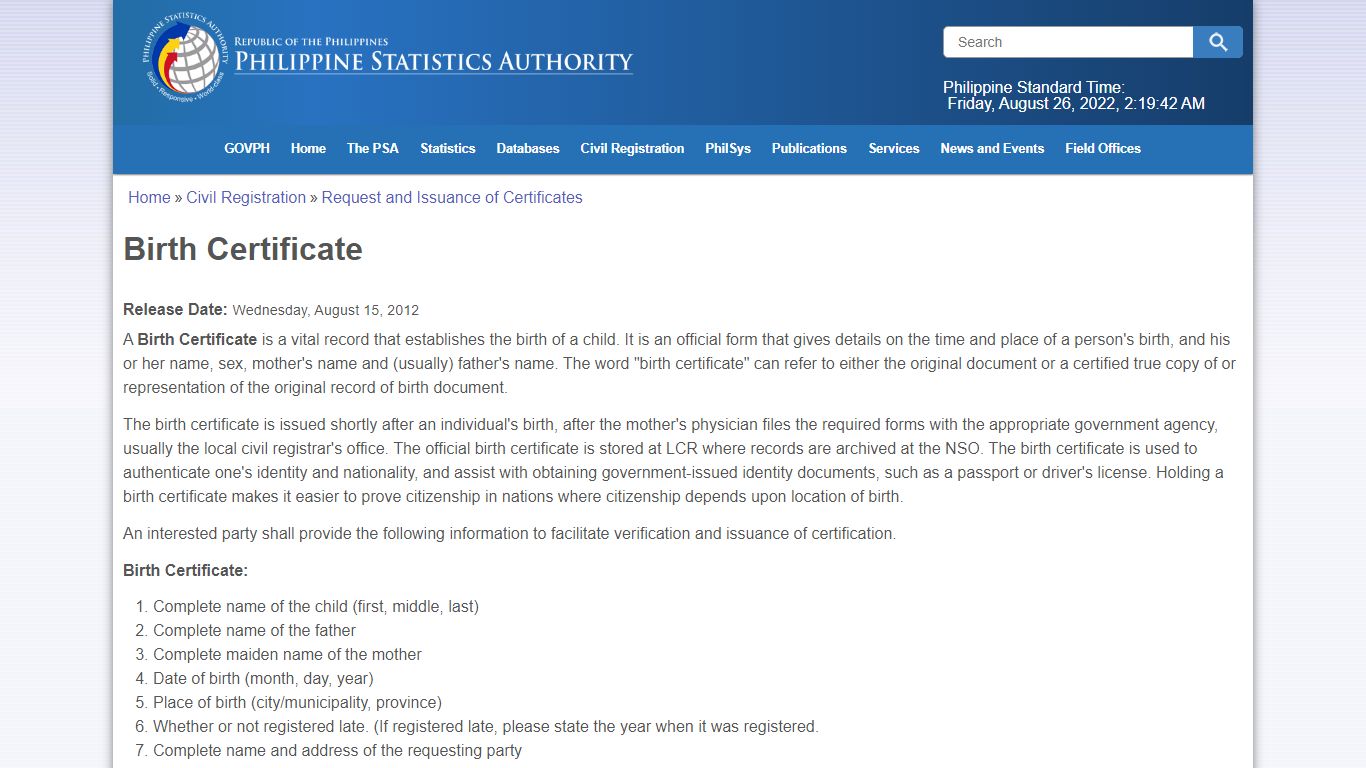 Birth Certificate | Philippine Statistics Authority