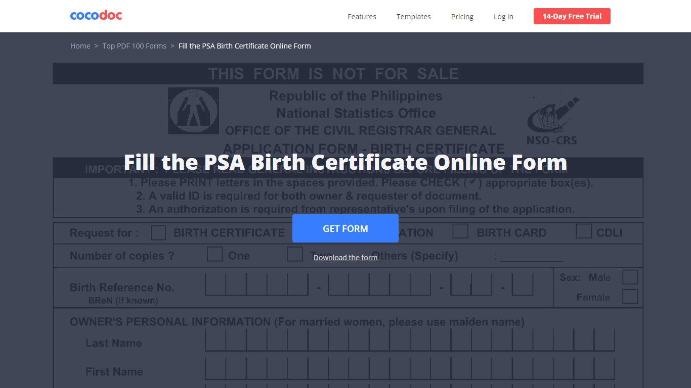 Fill & Download PSA Birth Certificate Online Form (Sample)